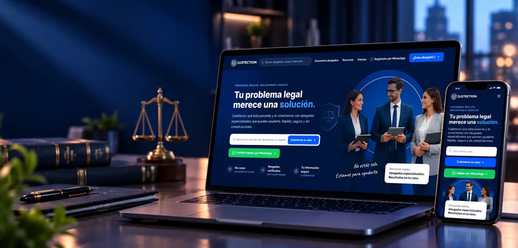 Justection en portátil y celular junto a una balanza de la justicia