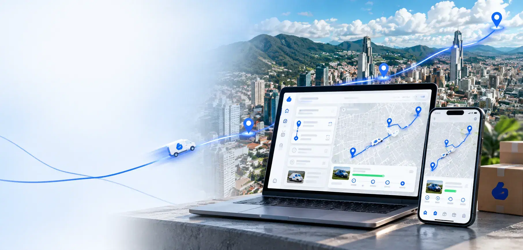 Domirito en portátil y celular con rutas sobre la ciudad
