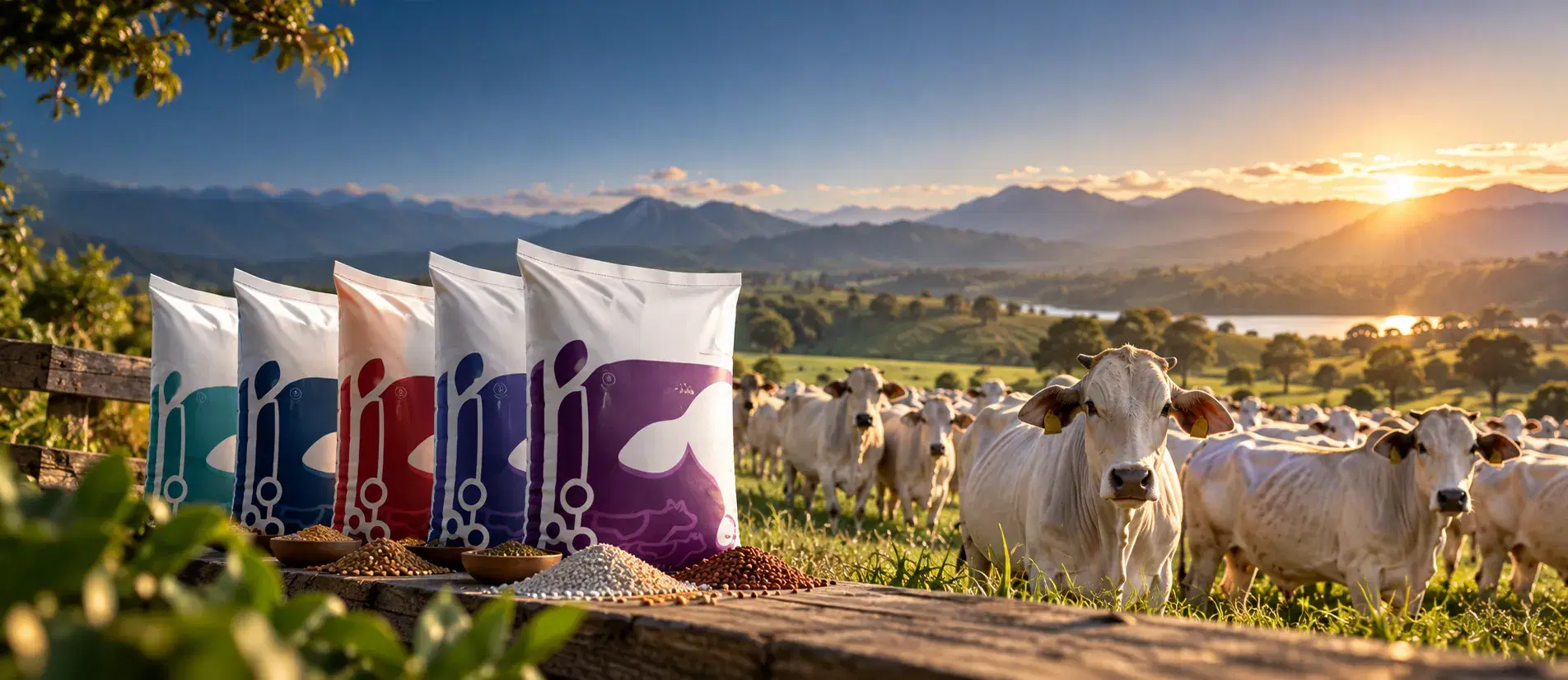 Bultos de sales Nutrimax frente a un potrero con ganado