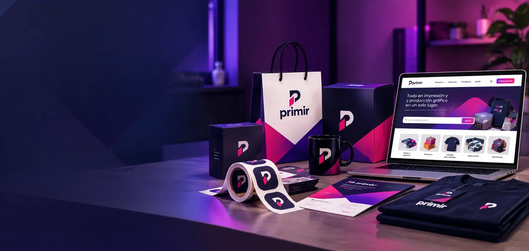 Primir custom products next to the platform on laptop and phone