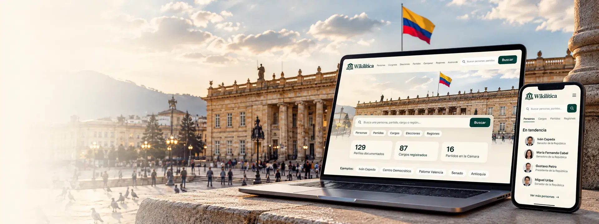 Wikilítica on laptop and phone in front of Colombia's National Capitol